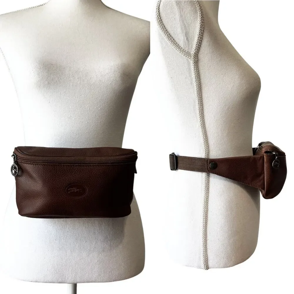 Longchamp Vintage Le Foulonne Pebbled Leather Belt Bag Fanny Pack Y2K Brown